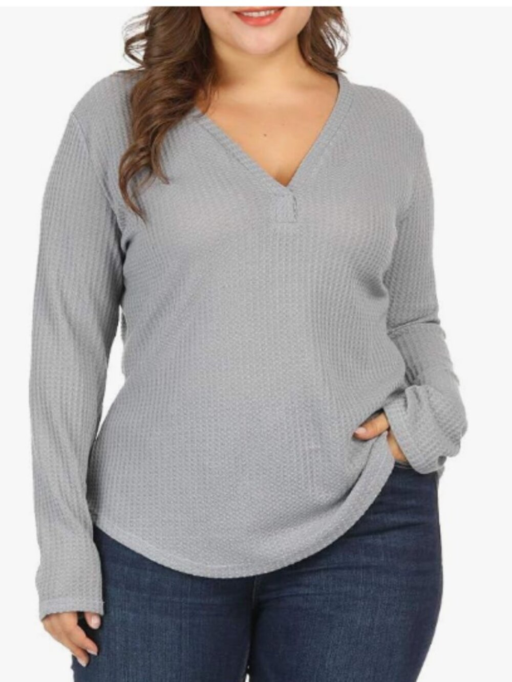 ALLEGRACE Women’s Plus Size 3X Grey Waffle Knit V-Neck Pullover Top
